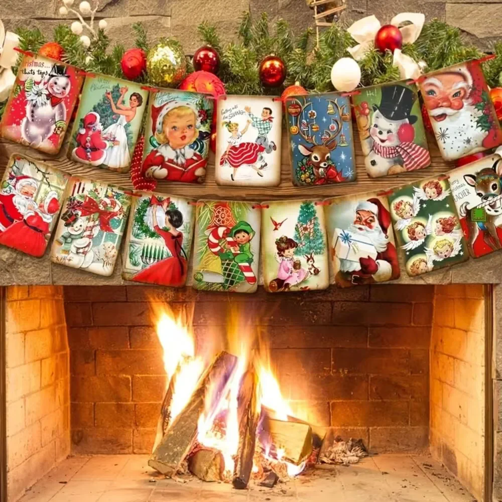 Vintage Inspired Retro Christmas Banner 1960s Paper Garland Santa Holiday Decor